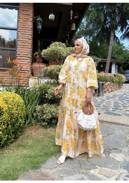 Pamuklu Çiçek Desenli Yazlık Robalı Elbise Sarı
