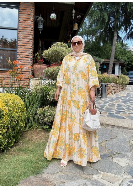 Pamuklu Çiçek Desenli Yazlık Robalı Elbise Sarı