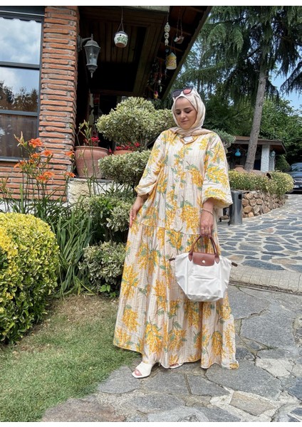 Pamuklu Çiçek Desenli Yazlık Robalı Elbise Sarı