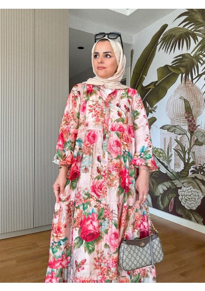 Pamuklu Çiçek Desenli Yazlık Robalı Elbise Güllü Pembe