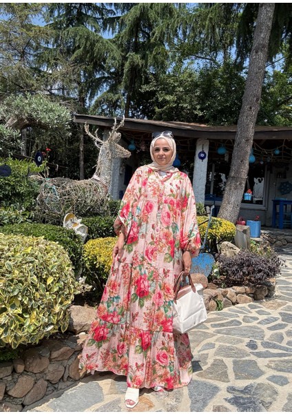 Pamuklu Çiçek Desenli Yazlık Robalı Elbise Güllü Pembe