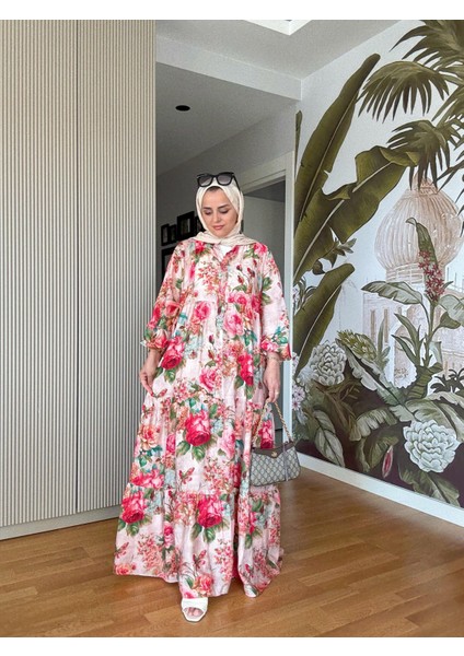 Pamuklu Çiçek Desenli Yazlık Robalı Elbise Güllü Pembe
