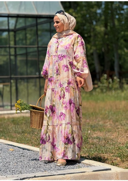Pamuklu Çiçek Desenli Yazlık Robalı Elbise Mor