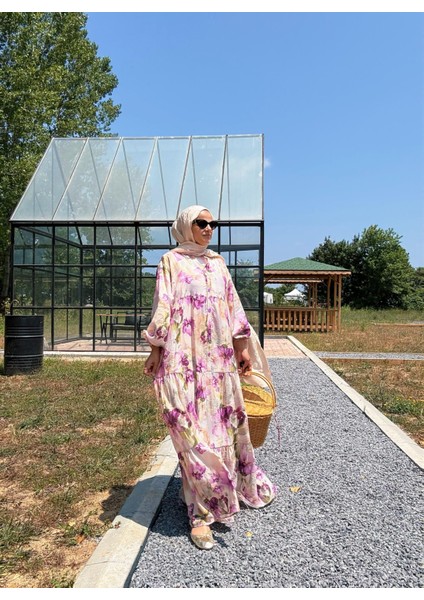 Pamuklu Çiçek Desenli Yazlık Robalı Elbise Mor