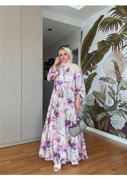 Pamuklu Çiçek Desenli Yazlık Robalı Elbise Mor