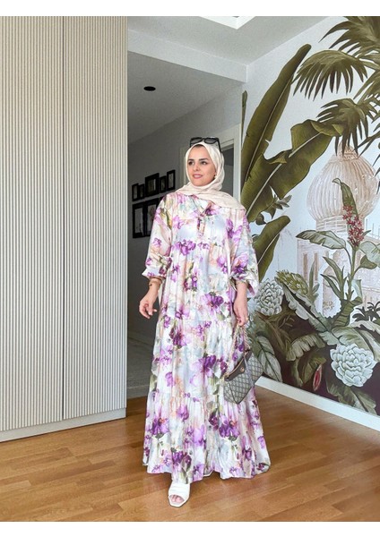 Pamuklu Çiçek Desenli Yazlık Robalı Elbise Mor