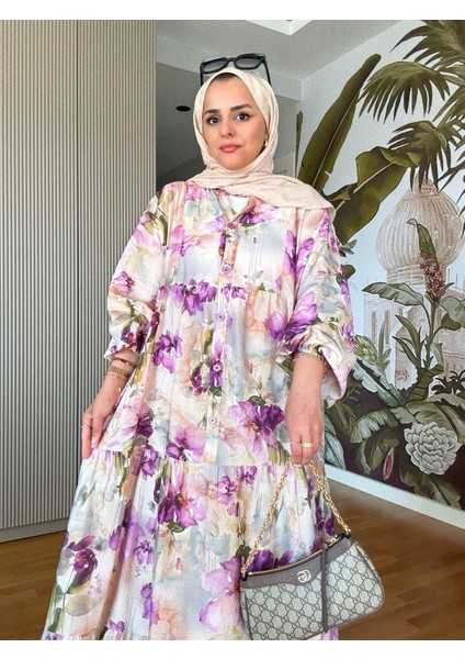Pamuklu Çiçek Desenli Yazlık Robalı Elbise Mor