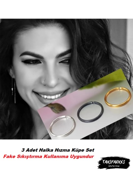 Delik Olmadan Takılabilen (Fake)Sıkıştırma 925 Ayar Gümüş Üçlü Halka Hızma Set
