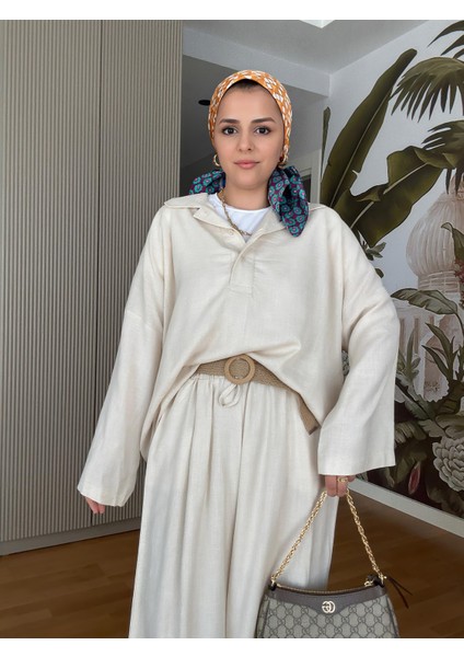 %100 Ham Keten Kimono Kol Ikili Takım - Hasır Kemerli Bej fiyatları