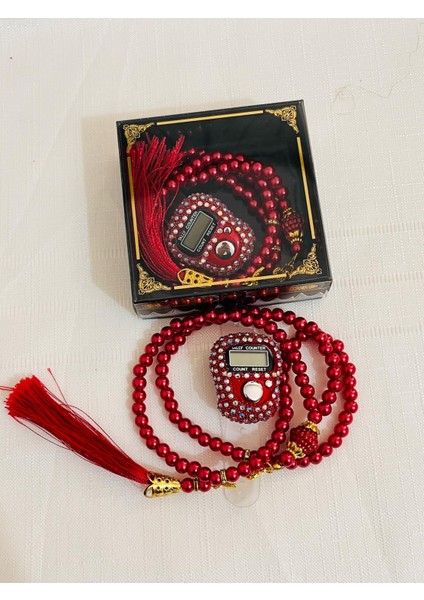 Mevlüt Bebek Hediyelik Taşlı Zikirmatik ve Inci Tesbih 99 Lu Set - Kırmızı Renk fiyatları