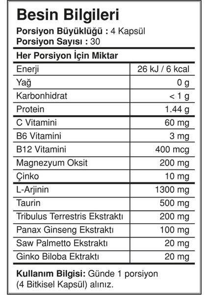 Argimax Taurine Zma ginseng Trİbulus Cinko L-Arginin Ginkgo 120 Tablet