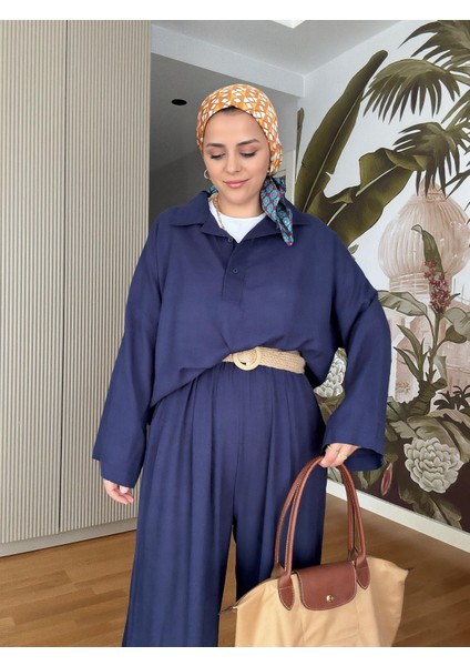 %100 Ham Keten Kimono Kol Ikili Takım - Hasır Kemerli Lacivert fiyatları