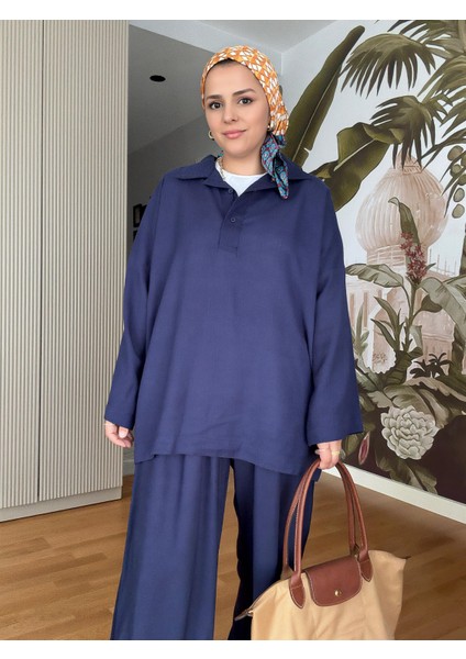 %100 Ham Keten Kimono Kol Ikili Takım - Hasır Kemerli Lacivert modelleri