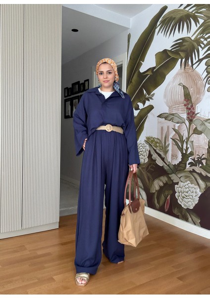 %100 Ham Keten Kimono Kol Ikili Takım - Hasır Kemerli Lacivert fırsatları