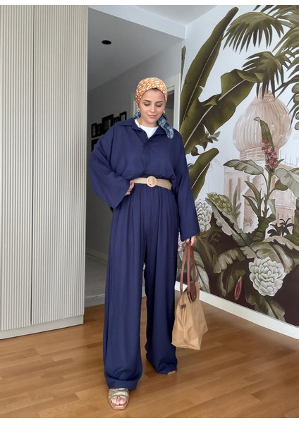 %100 Ham Keten Kimono Kol Ikili Takım - Hasır Kemerli Lacivert indirimleri