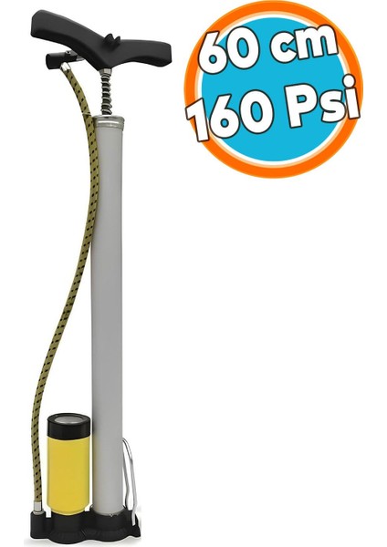 El Tipi Metal Göstergeli Bisiklet Pompası Gri Ayak Tutamaklı Top Teker Şambrel Şişirme 160 Psı