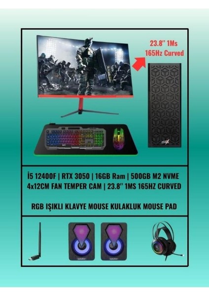 Rmt 2306-F Rtx 3050 6gb | I5 12400F | 16 GB Ram | 500GB M2 SSD | 24" 165Hz Monitörlü Gaming Sistem