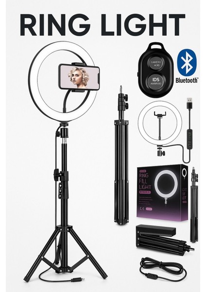 Kumandalı Youtuber Tiktok Çekim Işıklı Telefon Tutucu Makyaj Işığı Ring Light 10 Inç + 2.1 M Tripod