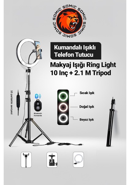Kumandalı Youtuber Tiktok Çekim Işıklı Telefon Tutucu Makyaj Işığı Ring Light 10 Inç + 2.1 M Tripod fiyatları