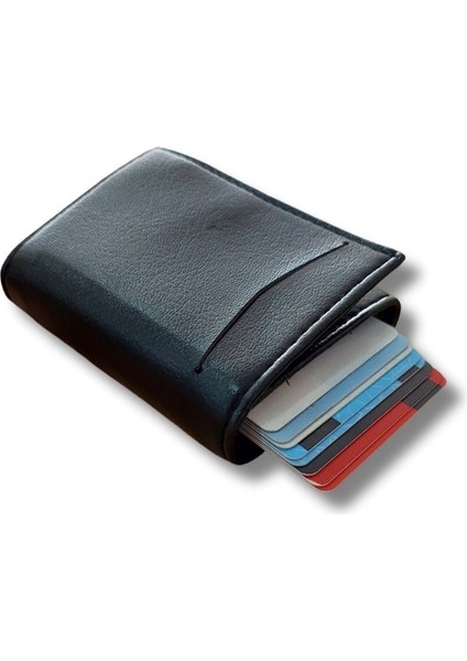 Otomatik Mekanizmalı Kağıt Para Bölmeli Siyah Deri Cüzdan Kartlık TARZ23465