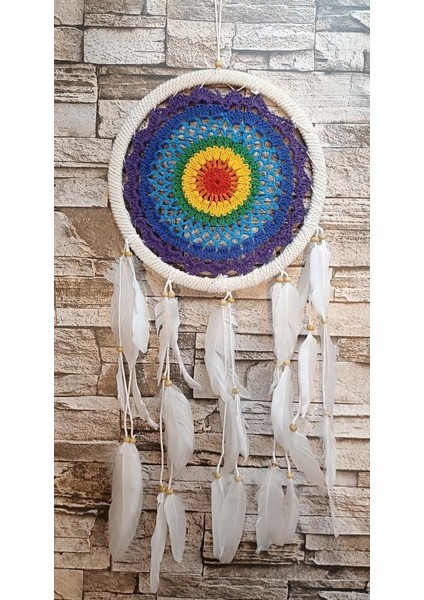 Düş Kapanı Makrome Dreamcatcher Gökkuşağı Kuş Tüyü Rüya Kapanı Duvar Süsü Elişi