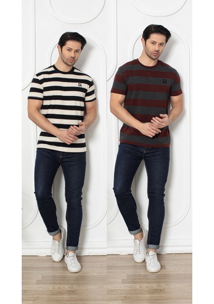 Stripe Serisi Erkek Tişört – Siyah/bej & Bordo/antrasit Çizgili Ikili Renk Seçenekli