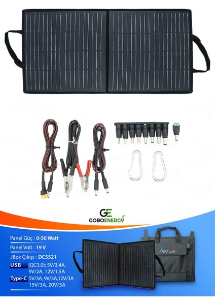 50W Katlanabilir Çanta Tipi Solar Güneş Panel Seti