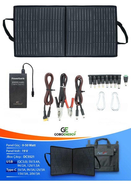 50W Katlanabilir Çanta Tipi Solar Güneş Panel Seti + Powerbank