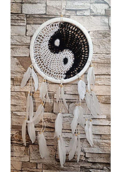 Düş Kapanı Makrome Dreamcatcher Yin Yang Kuş Tüyü Rüya Kapanı Duvar Süsü Elişi