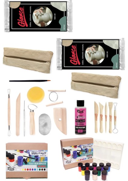 Doğal Seramik Hamuru 1000GRX2 gr Şişeli Palet 25ML 12'li Akrilik Seramik Başlangıç Set