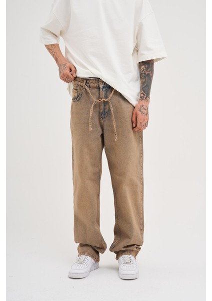 Erkek Oversize Baggy Yıkamalı Dark Beige Jean