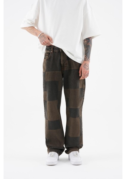 Erkek Oversize Parçalı Desenli Oak Coffe Jean