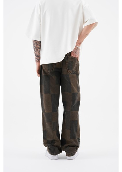 Erkek Oversize Parçalı Desenli Oak Coffe Jean indirimleri