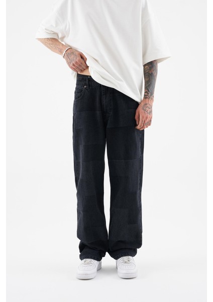 Erkek Oversize Parçalı Desenli Siyah Jean