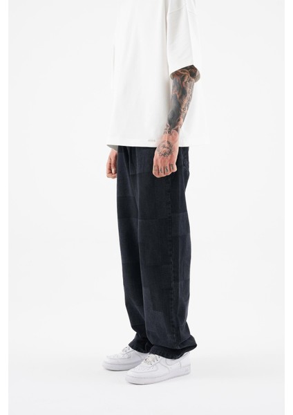 Erkek Oversize Parçalı Desenli Siyah Jean modelleri