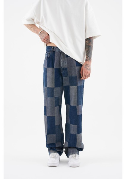 Erkek Oversize Parçalı Desenli Mavi Jean