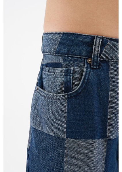 Erkek Oversize Parçalı Desenli Mavi Jean