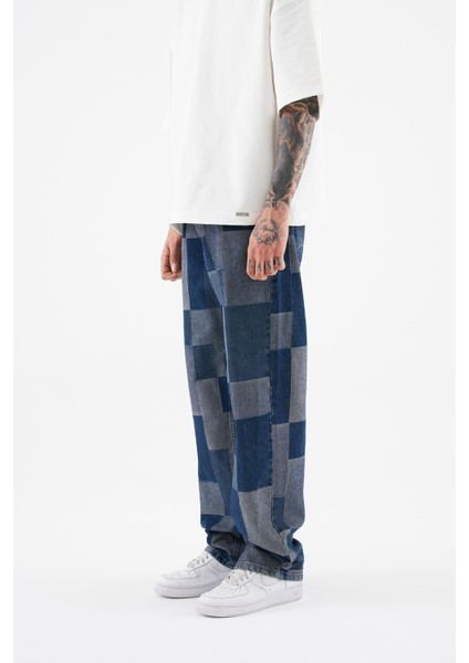 Erkek Oversize Parçalı Desenli Mavi Jean