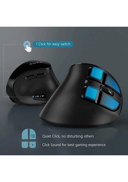 Kablosuz Dikey Şarj Edilebilir Bluetooth 2.4g Sessiz Mouse Ergonomik Sağ El 9 Adet Buton