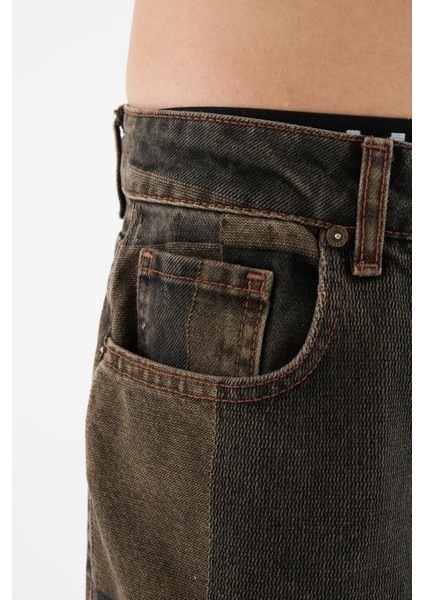 Erkek Oversize Parçalı Desenli Oak Coffe Jean