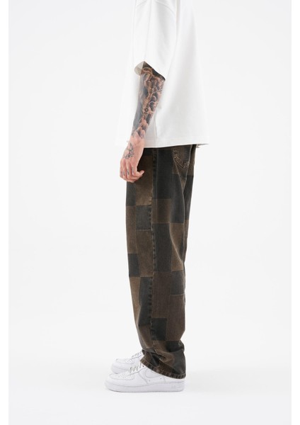 Erkek Oversize Parçalı Desenli Oak Coffe Jean