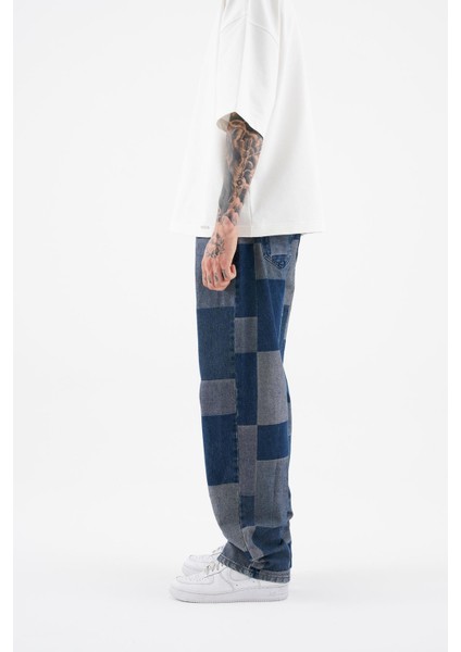 Erkek Oversize Parçalı Desenli Mavi Jean