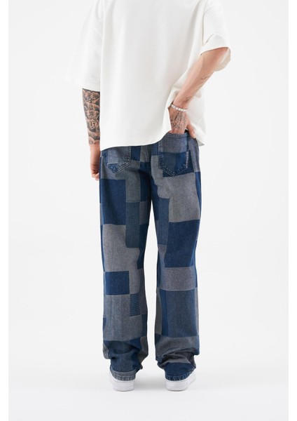 Erkek Oversize Parçalı Desenli Mavi Jean