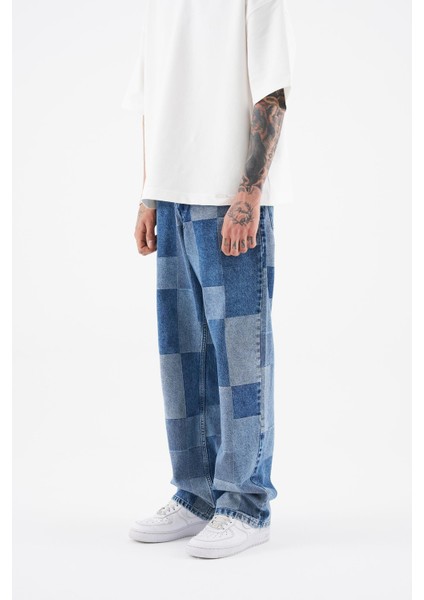 Erkek Oversize Parçalı Desenli Açık Mavi Jean modelleri