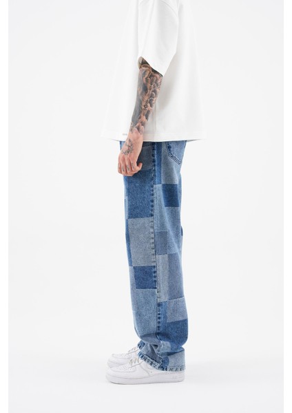 Erkek Oversize Parçalı Desenli Açık Mavi Jean fırsatları