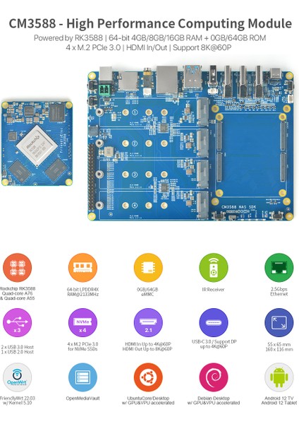 Friendly Elec CM3588 Nas Kiti – 8gb Ram, 64GB Emmc Dahili Depolama, Yüksek Performanslı Nas Çözümü