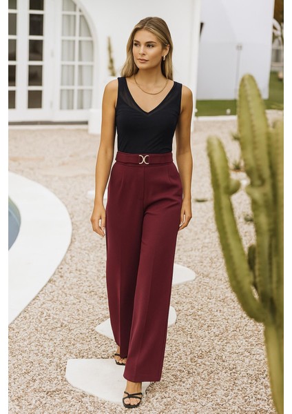 Toka Detaylı Geniş Paça Pantolon Bordo