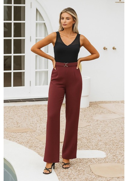 Toka Detaylı Geniş Paça Pantolon Bordo fiyatları