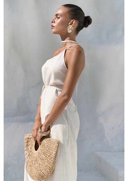 Behin Çizgili Bağlamalı Bej Crop Pantolon Takım