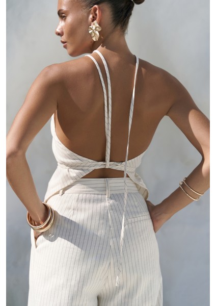 Behin Çizgili Bağlamalı Bej Crop Pantolon Takım